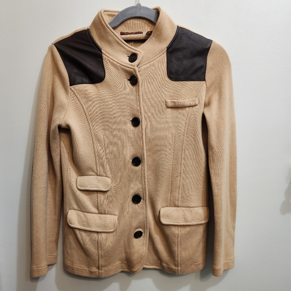 525 AMERICA Tan Sweater Blazer Brown Leather Patches Size Small